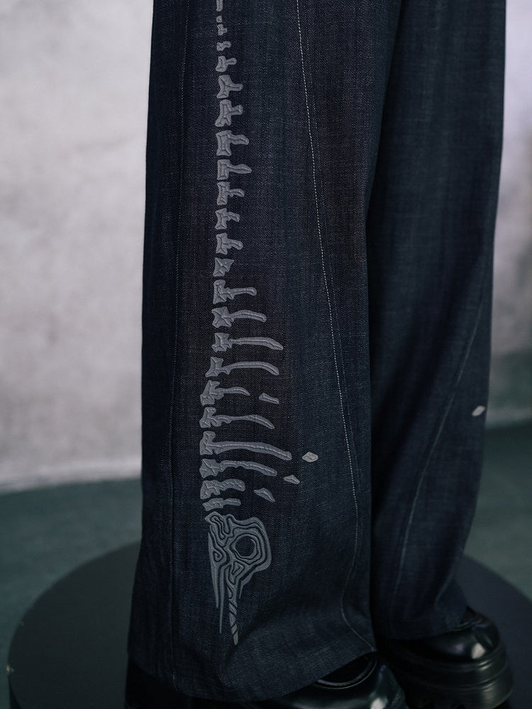 Black Straight-Leg Denim with Embossed Skeleton Whale Graphic - Quirky Hut