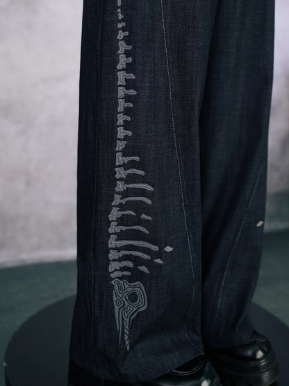 Black Straight-Leg Denim with Embossed Skeleton Whale Graphic - Quirky Hut