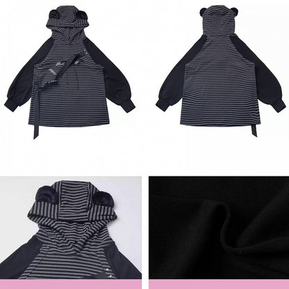 Black and Grey PU Bat Buckle Strap Bear Ears Striped Hoodie