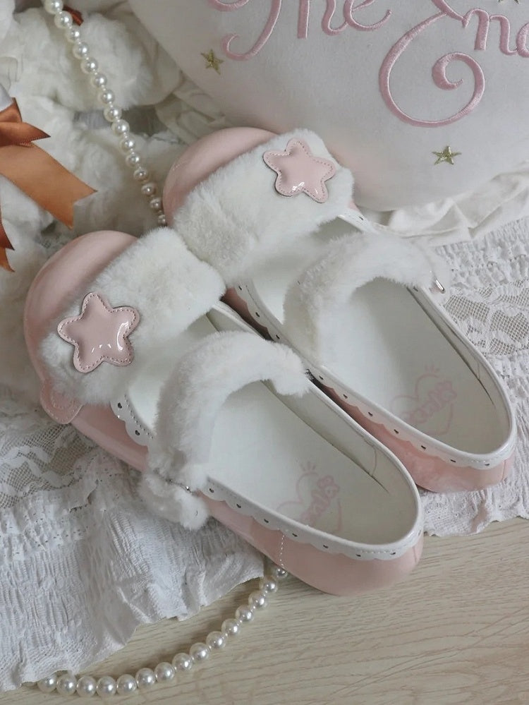 Accent Plush Star Sweet Button Flats White Strap Snap Pink - PU