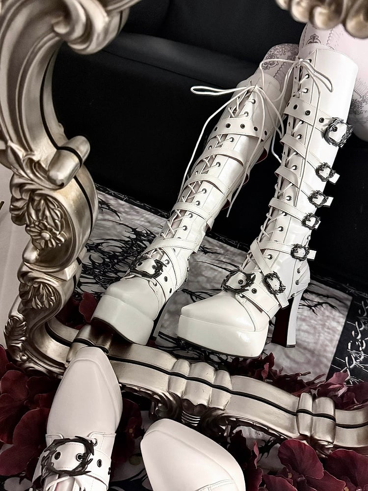 White Pointed-Toe Gothic Knight Boots with 11CM Chunky Heel & Thick Sole - sphenoid