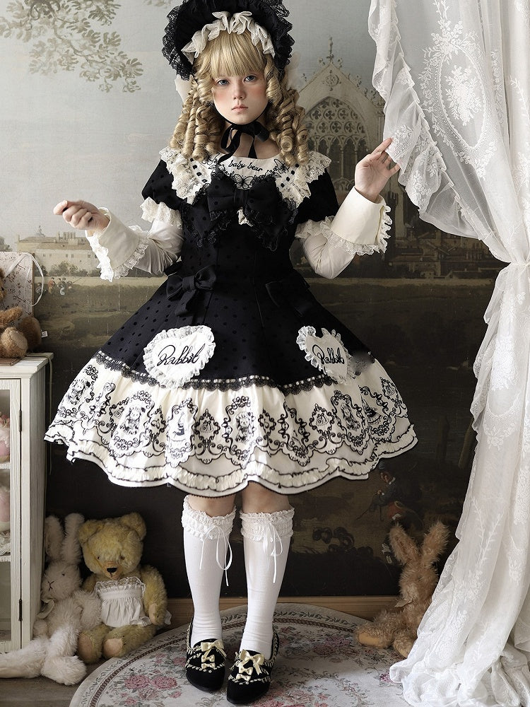 Rabbit Detachable Sleeves Pattern Dot Sweet + Black Polka with Dress Bonnet Sweetheart Set Appliques Lolita