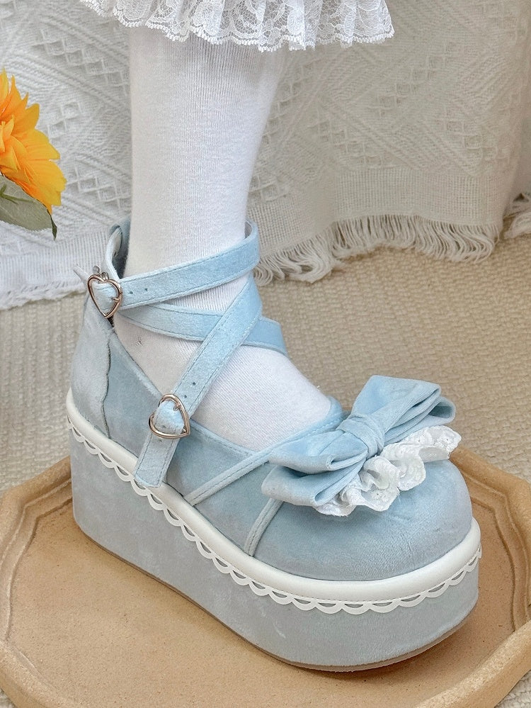 Mary Lace-Trimmed Velvet Bow Sweet Lolita Platform Blue Janes -