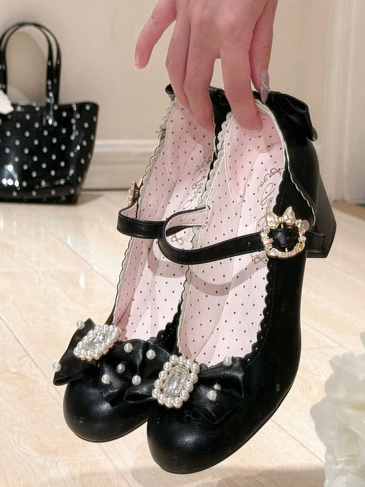 ジェーンズとラウンドロリータブラックトゥビーズディテールラインストーン装飾シューズメアリーボウノット