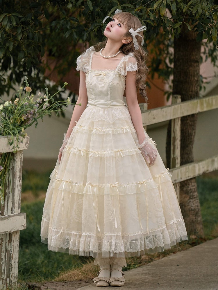 Perlen Schleife Creme Prinzessin Akzente Weiß Ausschnitt Band Kleid Lolita