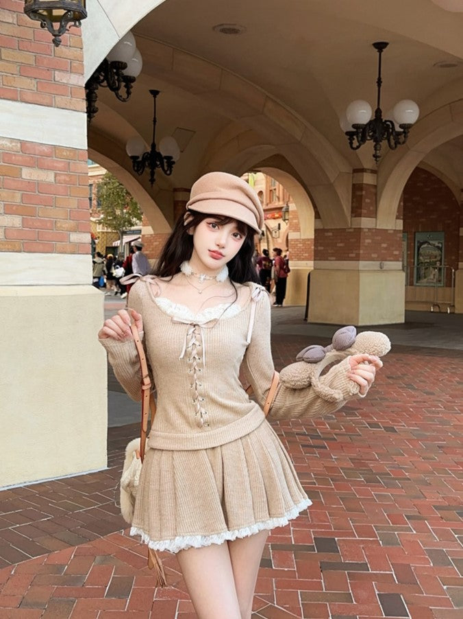 Bow Knit With Adjustable Milk Front Lace-Up Hoodie Tea Accents