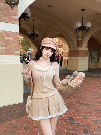 Bow Knit With Adjustable Milk Front Lace-Up Hoodie Tea Accents