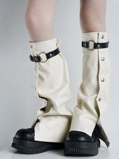 White with Metal Warmers Punk Leather and Leg Creamy Buckles Buttons