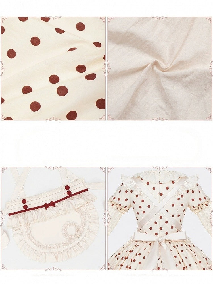 Long Beige and Red Polka Dot Puff-Sleeve Faux Layered Lolita OP Set with Apron - With PUJI