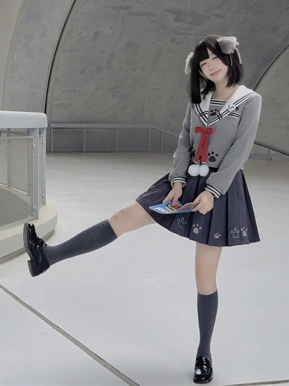 Wolf Motif Gray Sailor-Collar Long Sleeve Tee with Bows and Pom-Poms - To Alice