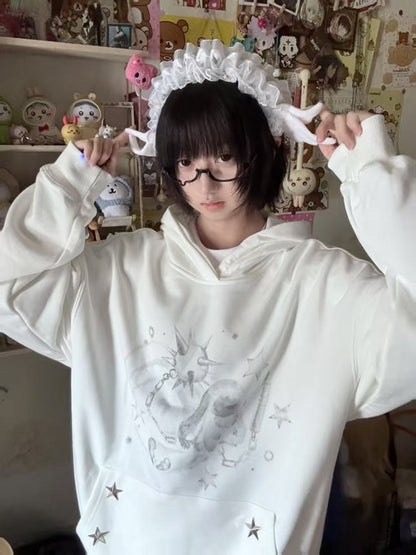 Dreamcore Pockets with White Punk Rabbit Print Studded Star Hoodie