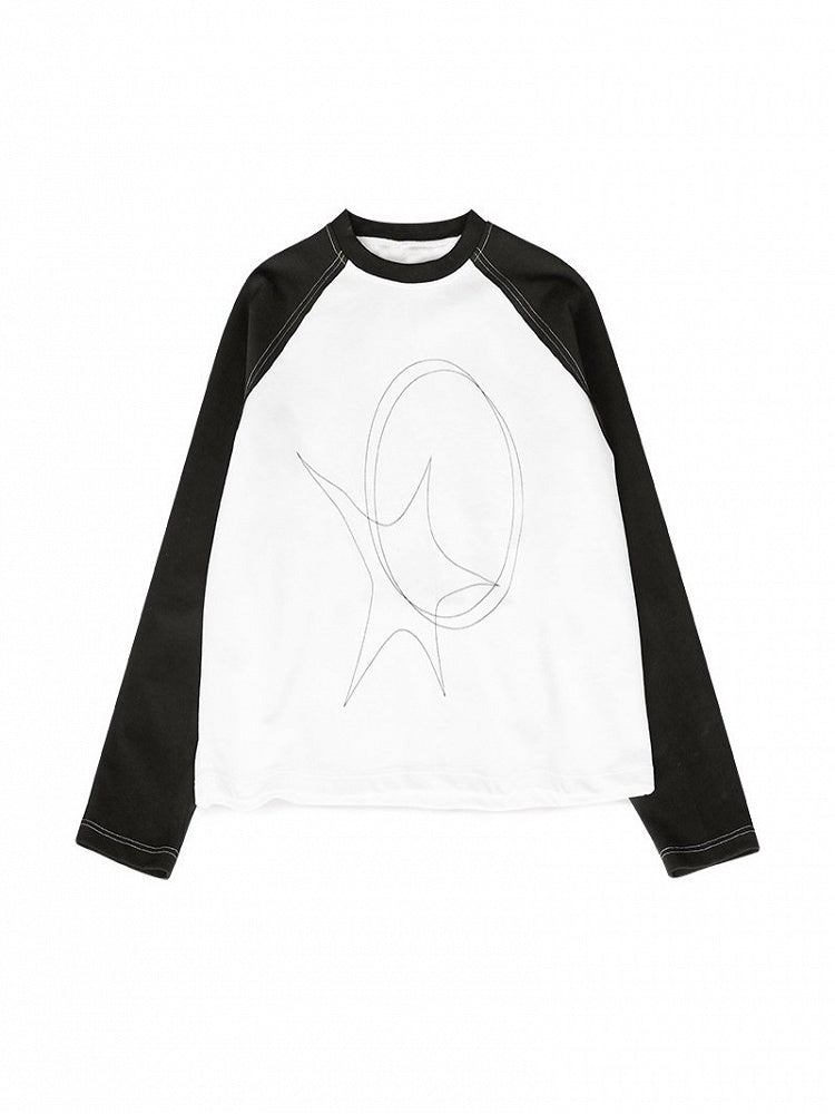 Black & White Long Sleeve Round Neck Top with Line Print - innomoood