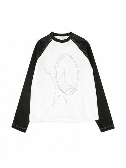 Black & White Long Sleeve Round Neck Top with Line Print - innomoood