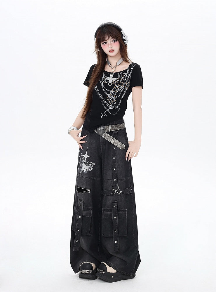 Jeans Black Butterfly Wide-Leg Cargo Print Strap Details Vintage