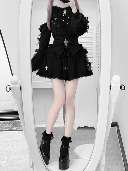 - Skirt Design with Jirai Kei Black Bow Tiered Cross Lace Tulle Edging
