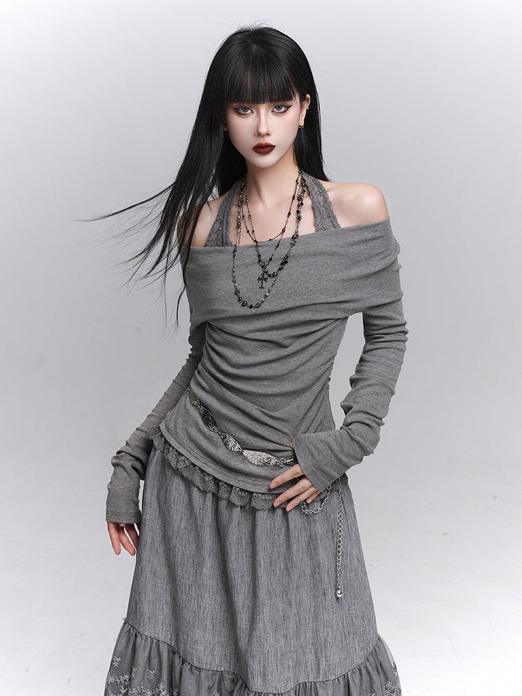 Lace Gray Two-Piece Faux Top Halter Trim with Neck Convertible Gothic Cowl