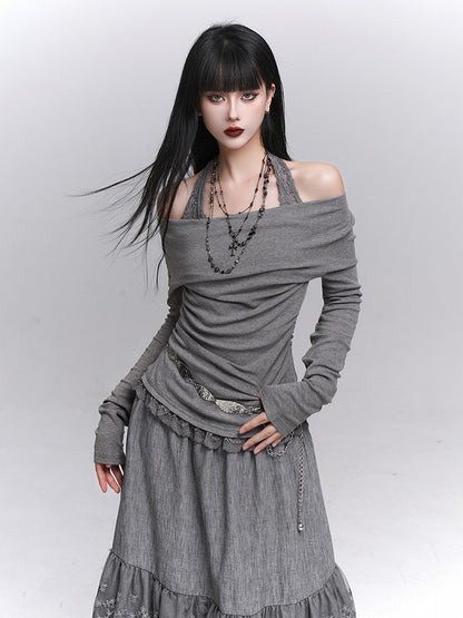 Lace Gray Two-Piece Faux Top Halter Trim with Neck Convertible Gothic Cowl