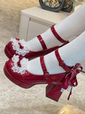 Heels Rot Schleife Block Top Herz Schnallen Spitze Trim Hohe Geknotet bei