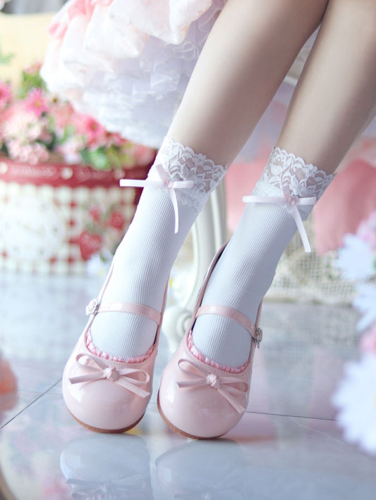 Knotted - Trim Top Round Lolita Flat Lace Shoes Sweet Pink Toe Bow