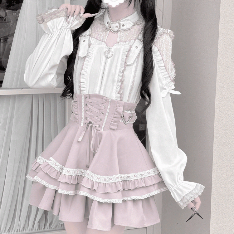 Sweet Jirai Kei Zip-Up Top: Pink & White with Lace Shoulder Cutouts & Illusion Buckle Neckline