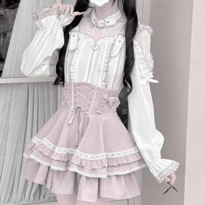 Sweet Jirai Kei Zip-Up Top: Pink & White with Lace Shoulder Cutouts & Illusion Buckle Neckline