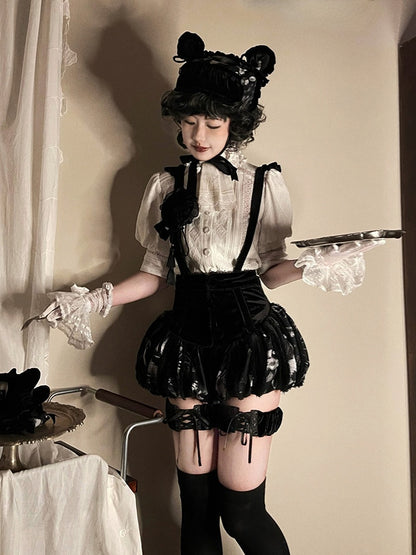 Shoulder Bloomers Lolita Gothic Black Printed Ruffled with Straps