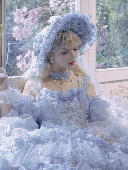 Blue and Bead Flower Decorated Bow Chain Details Necklace