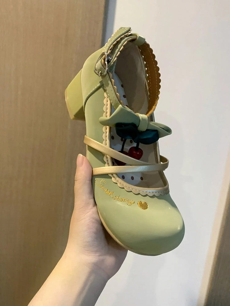 Scalloped Grass Lolita Edges Green Shoes - Cherry Delicate Sweet Jane Motifs Mary