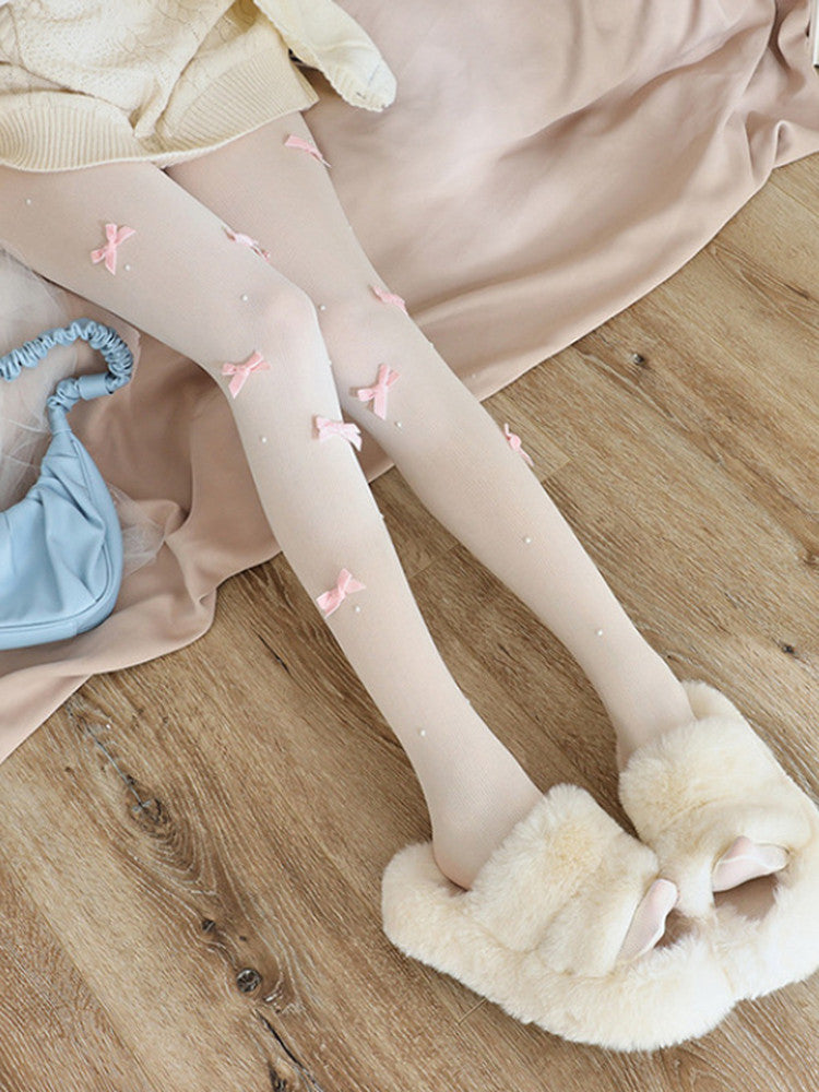Pearl Tights Bow with Accents Pink Pink) (Color: