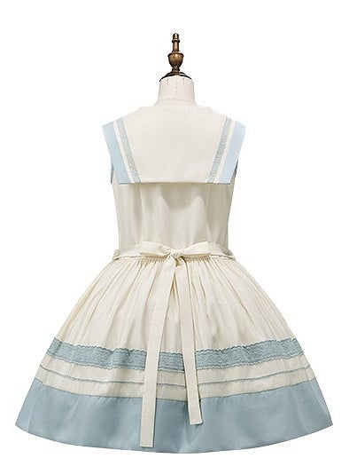 Accent Light White Sailor Bow Collar and Milk Lace Trims Lolita with Blue Dress