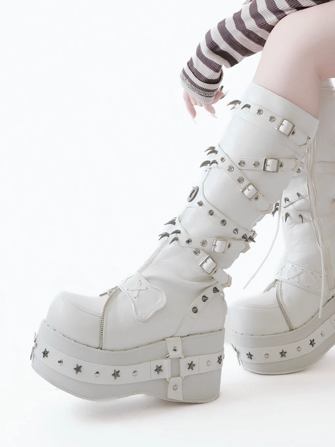 Platform Knee-Length Sole Accents Cross - White Punk with Boots
