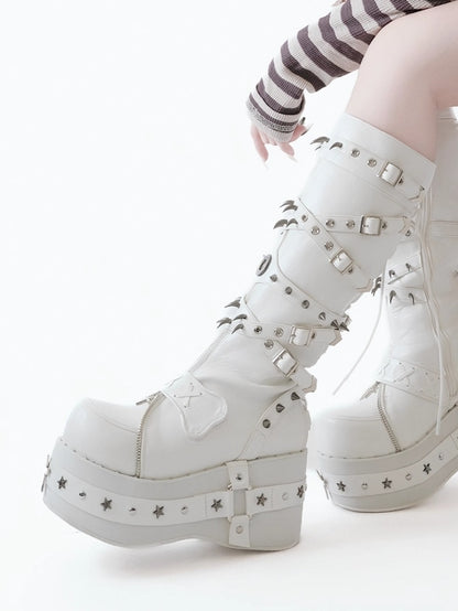 Platform Knee-Length Sole Accents Cross - White Punk with Boots