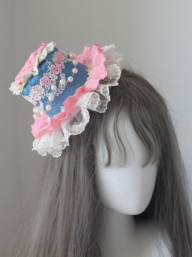 Lace Floral Mini Beaded Trim Decorated BluePink/Pink Hat