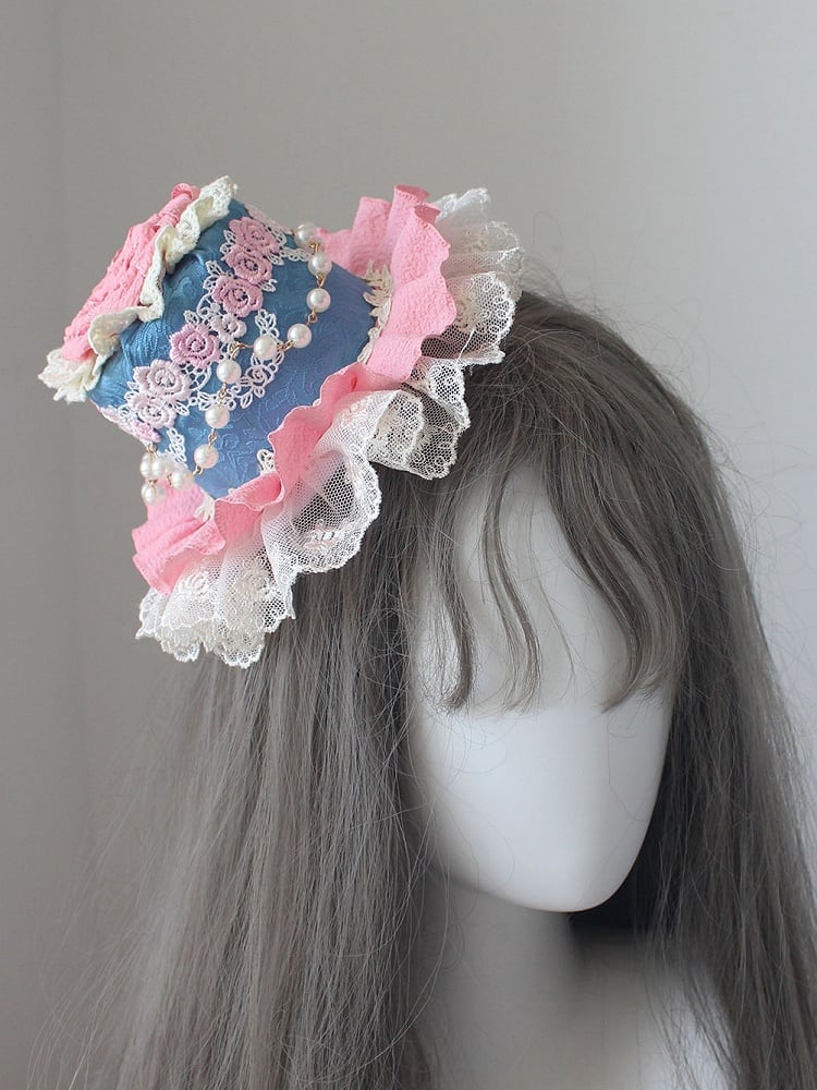 Floral Beaded Mini Trim Hat BluePink/Pink Decorated Lace