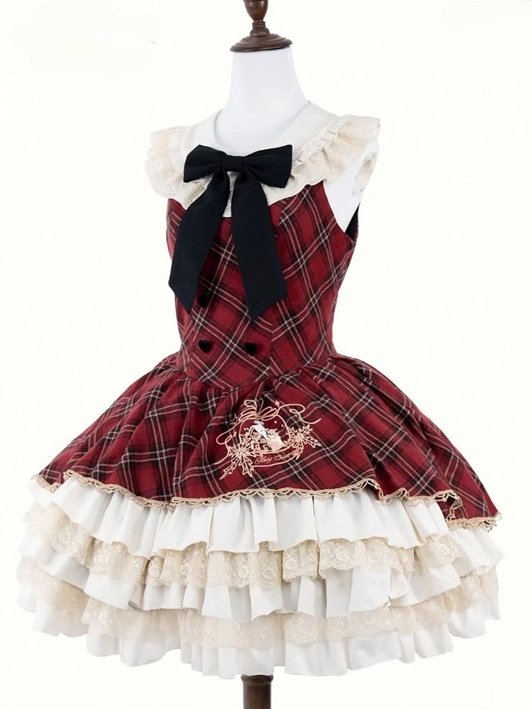 Red and Black Plaid Layered Lace Ruffled Sweet Lolita Dress +  Brown Faux Fur Trim Hooded Cape Set