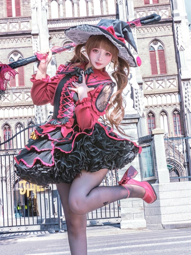 Jumper Showa Retro Black Witch Tiered Skirt Dress Red