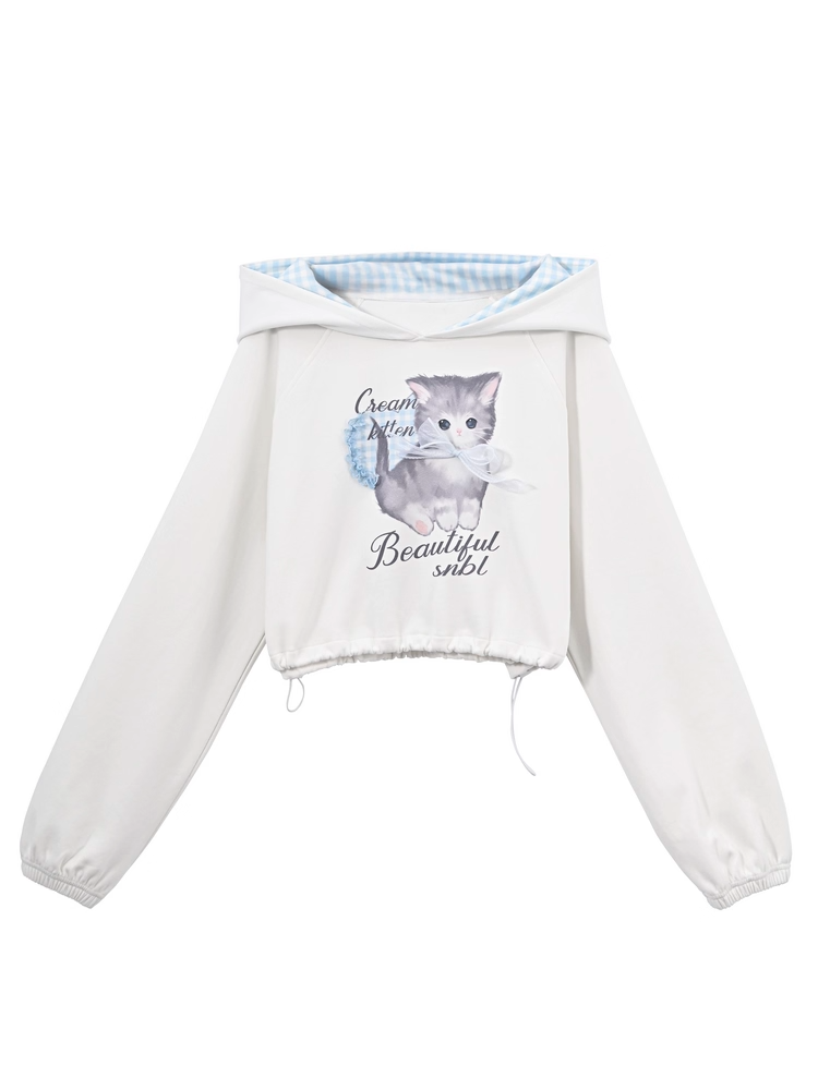 Print Drawstring Hem Blue Hoodie Plaid Adorable Cartoon Kitty Hood White