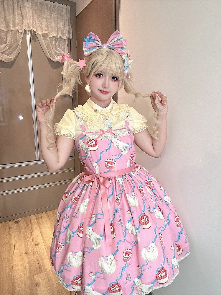 Flauschiger Showa-Pullover, rosa Kätzchen, süßes Lolita-Print, süßes Rockkleid