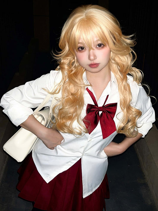 ブロンドのウェーブヘア、前髪70cmのエアウィッグ