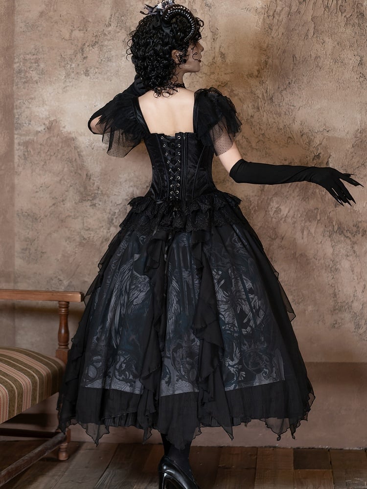/ Print Gothic with Lolita Trims Winged White Black Skirt Goat Cascading Ruffle