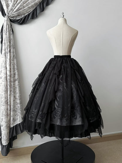 / Print Gothic with Lolita Trims Winged White Black Skirt Goat Cascading Ruffle