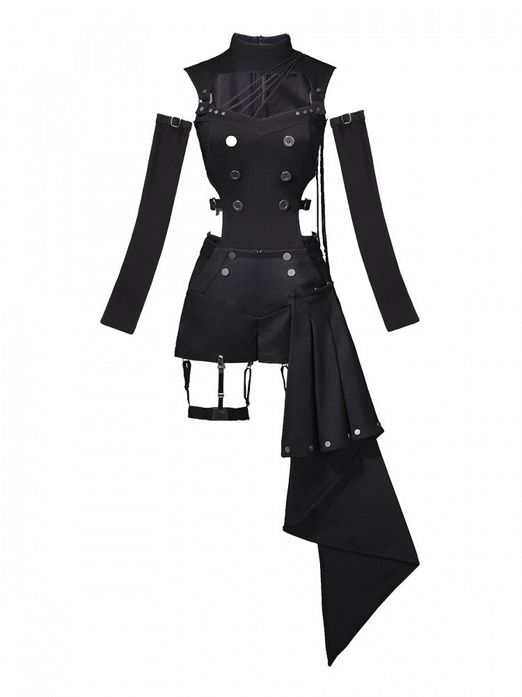 Gothic Lolita Black Top with Asymmetrical Design, Metal Buckle Detail, Shorts and Wrist Cuffs Set - Unknown Star