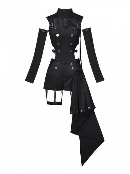 Gothic Lolita Black Top with Asymmetrical Design, Metal Buckle Detail, Shorts and Wrist Cuffs Set - Unknown Star