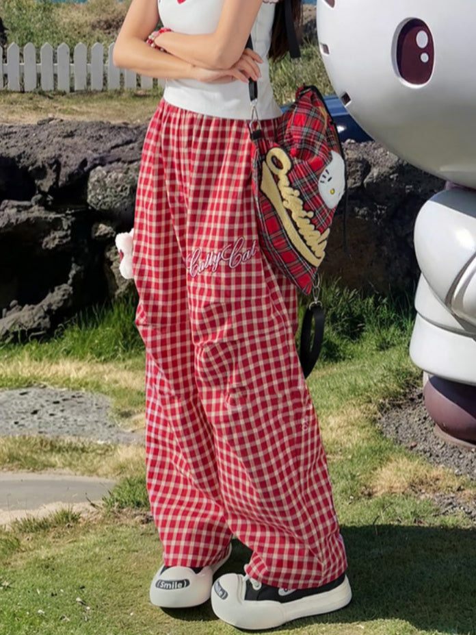 キティのぬいぐるみ付きパンツ（レッドチェック柄）ウエストゴムワイドレッグカジュアル