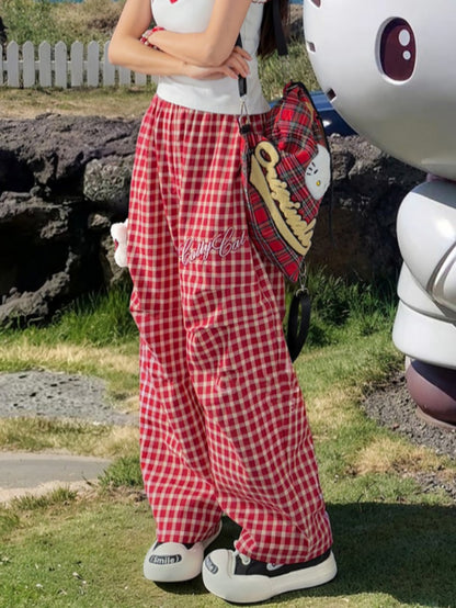 キティのぬいぐるみ付きパンツ（レッドチェック柄）ウエストゴムワイドレッグカジュアル