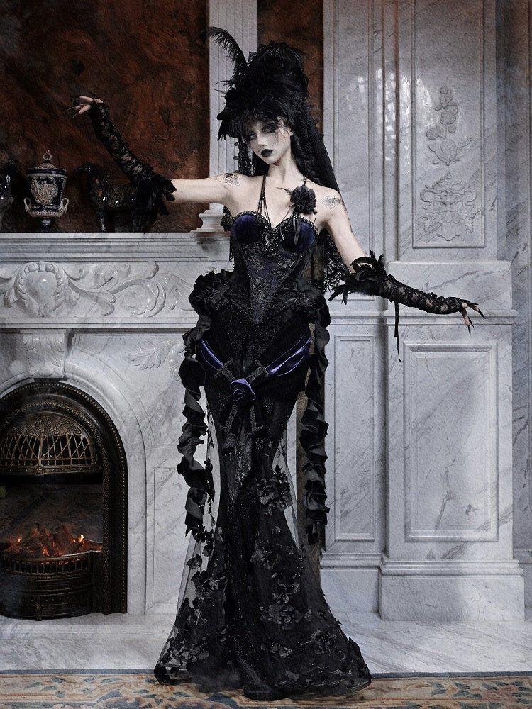 Romantic Goth Black Purple Velvet Corset with Rhinestones Beading - Blood Supply