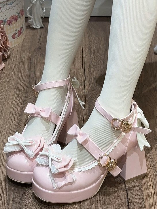 High-heel Design Mary Hem White Pink Bow with Janes Scalloped 8cm Lolita  Details Elegant