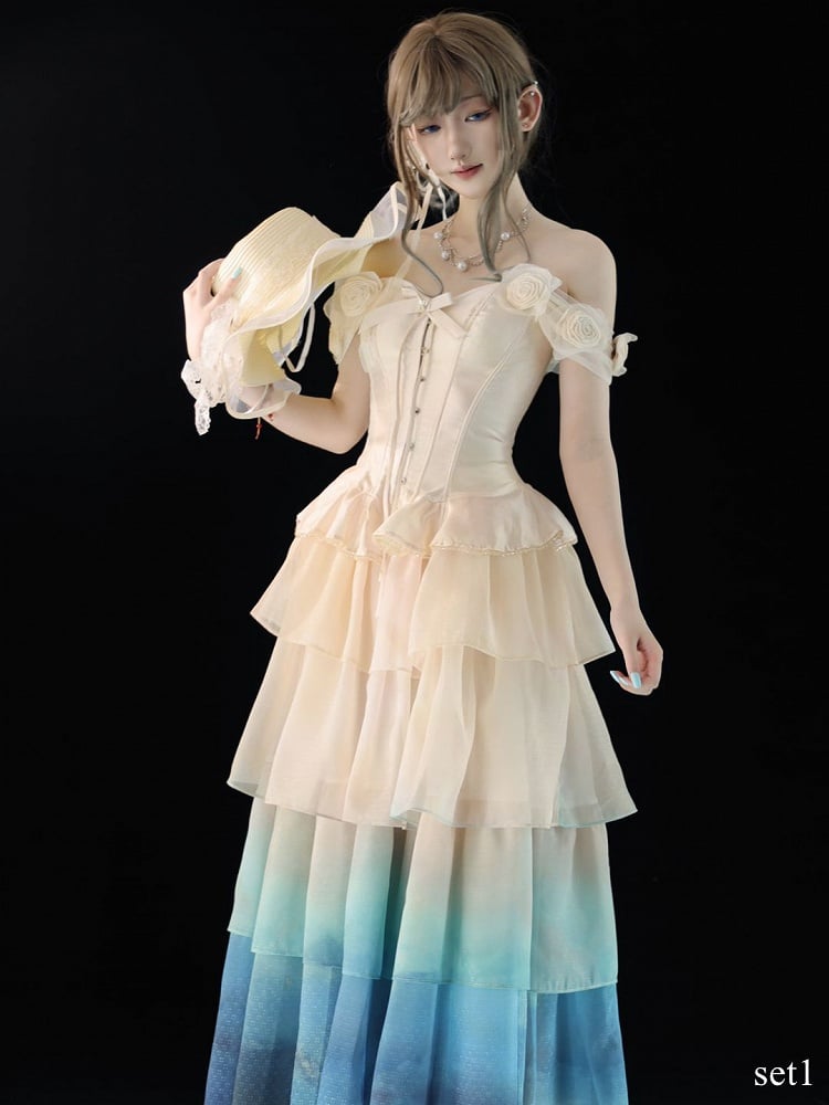 with Gradient Top Beige Floral-Embellished Off-Shoulder Corset Skirt Tiered