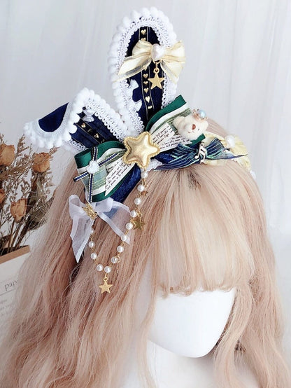 ビーズ付きバニースター グリーン/ブラックピンク ぬいぐるみクマと装飾耳 KCチャーム