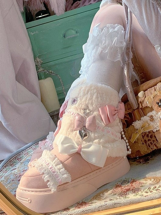 Lolita Bow Sweet Pink Plush Shoes with Beige Accents
